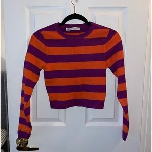 🖤 ZARA cropped long sleeve shirt orange and purple strip​​​​​​e 🖤​